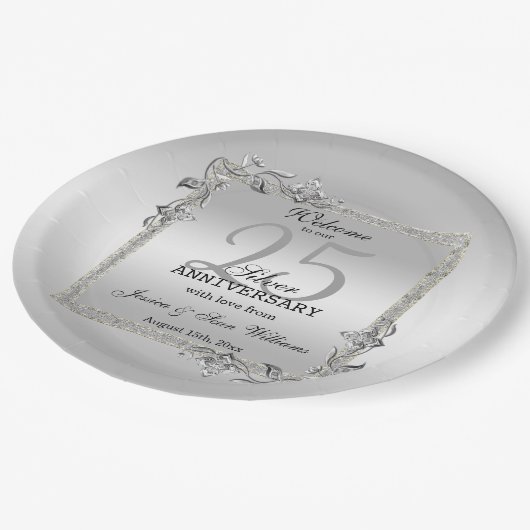 Silver Gem en Glitter 25th Wedding Jubileum Papieren Bordje (Gekanteld)