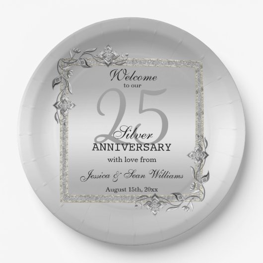 Silver Gem en Glitter 25th Wedding Jubileum Papieren Bordje (Voorkant)