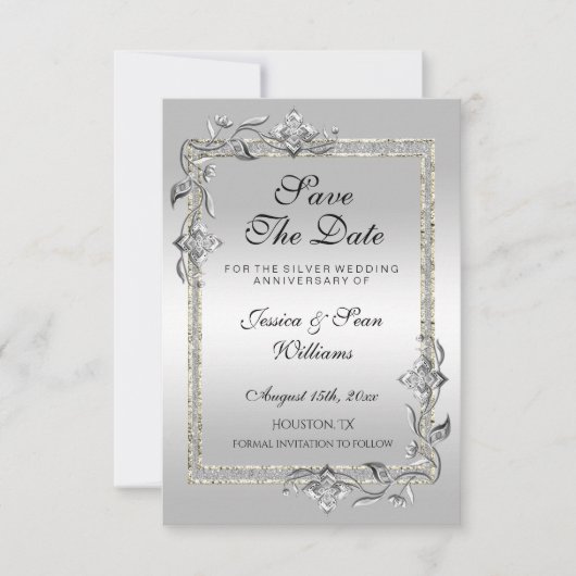 Silver Gem en Glitter 25th Wedding Jubileum Save The Date (Voorkant)