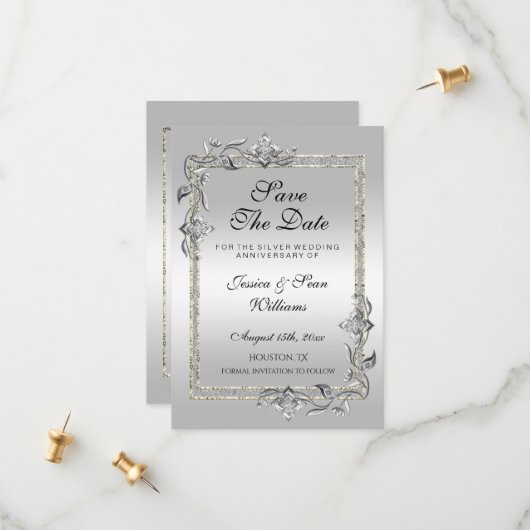Silver Gem en Glitter 25th Wedding Jubileum Save The Date (Voorkant / Achterkant in situ)