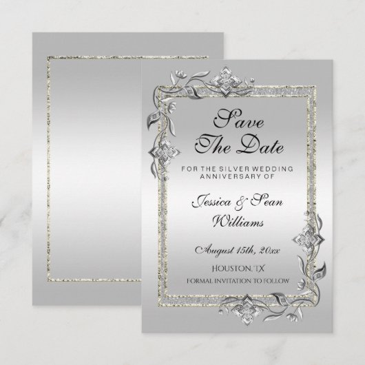 Silver Gem en Glitter 25th Wedding Jubileum Save The Date (Voorkant / Achterkant)