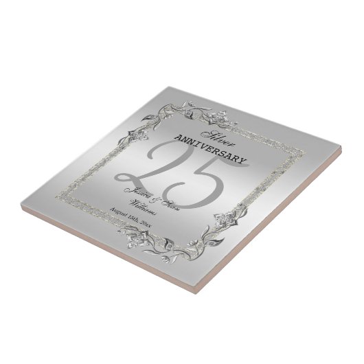 Silver Gem en Glitter 25th Wedding Jubileum Tegeltje (Zijkant)