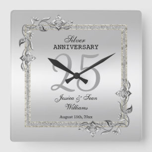 Silver Gem en Glitter 25th Wedding Jubileum Vierkante Klok