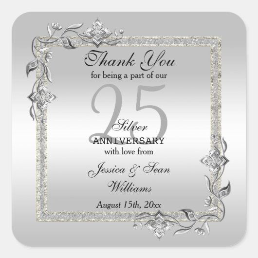 Silver Gem en Glitter 25th Wedding Jubileum Vierkante Sticker (Voorkant)