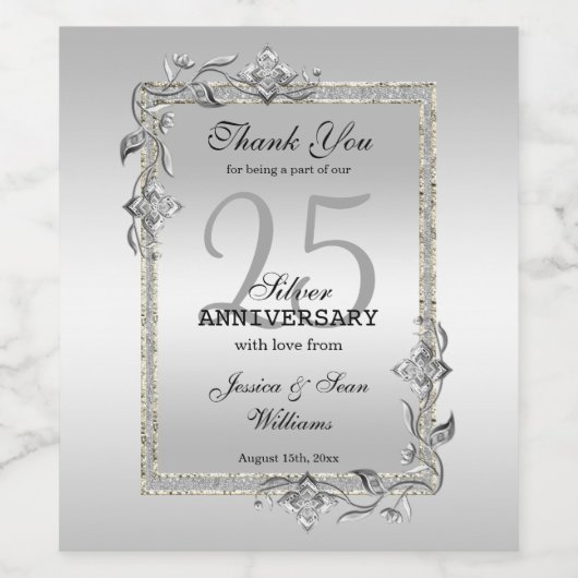 Silver Gem en Glitter 25th Wedding Jubileum Wijn Etiket (Enkel label)
