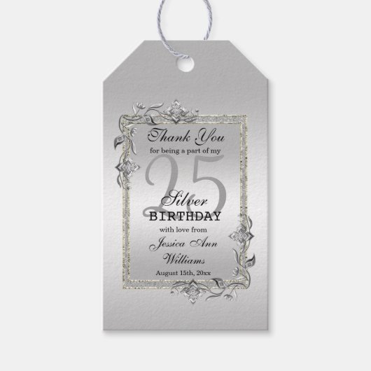 Silver Gem & Glitter 25th Birthday Party Cadeaulabel (Voorkant)