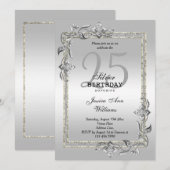 Silver Gem & Glitter 25th Birthday Party Kaart (Voorkant / Achterkant)