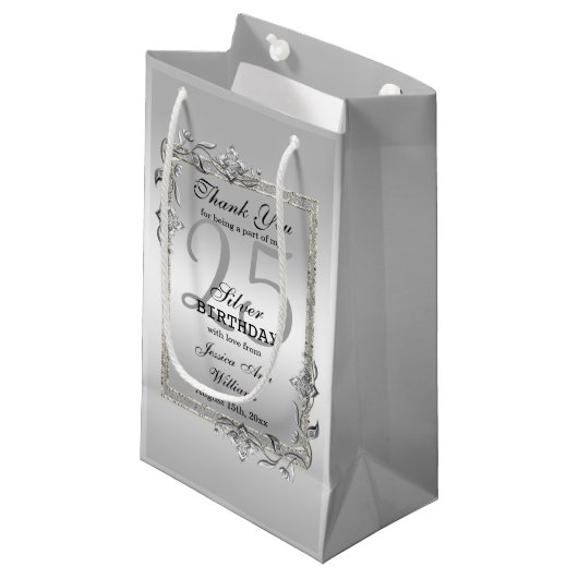 Silver Gem & Glitter 25th Birthday Party Klein Cadeauzakje (Voorkant Gekanteld)