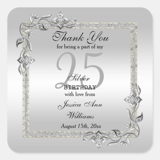 Silver Gem & Glitter 25th Birthday Party Vierkante Sticker (Voorkant)