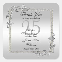 Silver Gem & Glitter 25th Birthday Party Vierkante Sticker