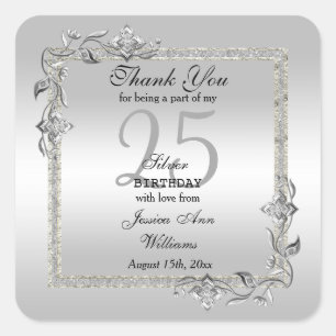 Silver Gem & Glitter 25th Birthday Party Vierkante Sticker