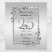 Silver Gem & Glitter 25th Birthday Party Wijn Etiket (Enkel label)