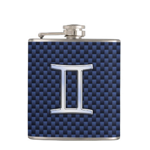 Silver Gemini Zodiac Sign Blue Carbon Fiber Print Heupfles