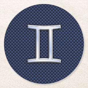 Silver Gemini Zodiac Sign Blue Carbon Fiber Print Ronde Kartonnen Onderzetter