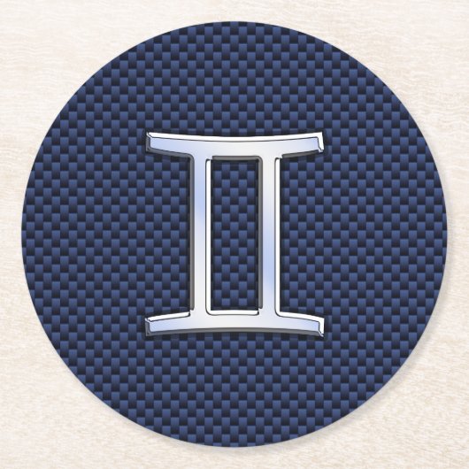 Silver Gemini Zodiac Sign Blue Carbon Fiber Print Ronde Kartonnen Onderzetter (Voorkant)