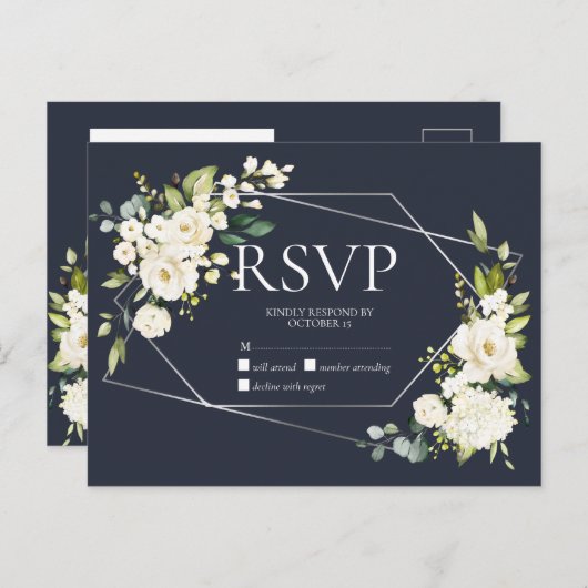 Silver Geometric Blue White Floral No Menu RSVP (Voorkant / Achterkant)