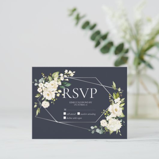 Silver Geometric Blue White Floral No Menu RSVP (Staand voorkant)