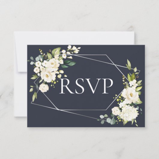 Silver Geometric Blue White Floral No Menu RSVP (Voorkant)