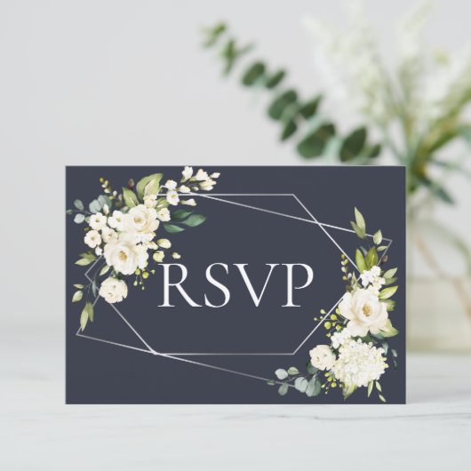 Silver Geometric Blue White Floral No Menu RSVP (Staand voorkant)