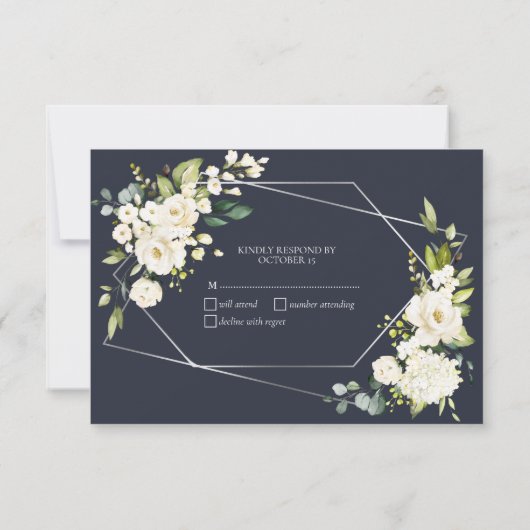 Silver Geometric Blue White Floral No Menu RSVP (Achterkant)