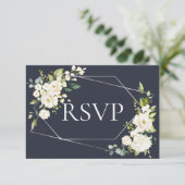 Silver Geometric Blue White Floral RSVP Kaartje (Staand voorkant)