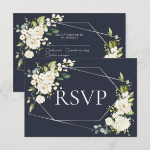 Silver Geometric Blue White Floral RSVP Kaartje