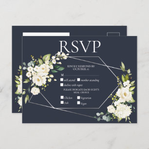 Silver Geometric Blue White Floral RSVP Uitnodiging Briefkaart