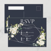 Silver Geometric Blue White Floral RSVP Uitnodiging Briefkaart (Voorkant / Achterkant)