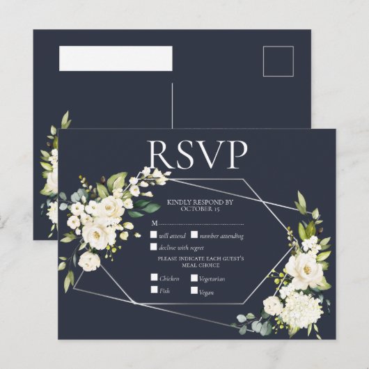 Silver Geometric Blue White Floral RSVP Uitnodiging Briefkaart (Voorkant / Achterkant)