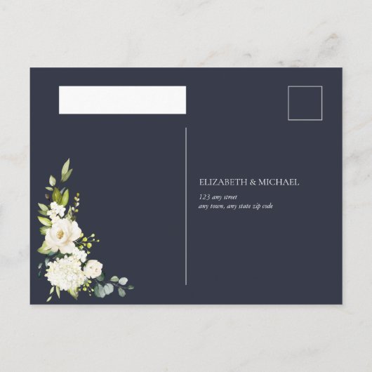 Silver Geometric Blue White Floral RSVP Uitnodiging Briefkaart (Achterkant)