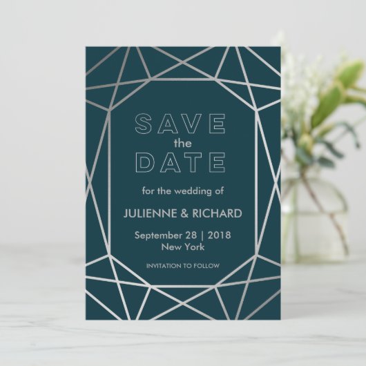 Silver Geometric Diamond Wedding Save the Date (Staand voorkant)
