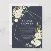Silver Geometric Navy Blue White Floral Shower Kaart (Voorkant)