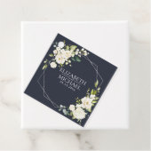 Silver Geometric Navy Blue White Floral Wedding Bedankjes Labels (In situ)