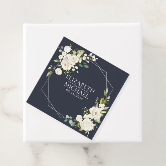 Silver Geometric Navy Blue White Floral Wedding Bedankjes Labels (In situ)