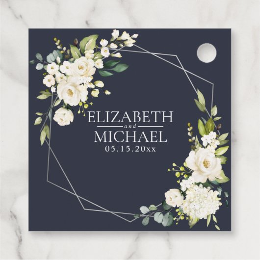 Silver Geometric Navy Blue White Floral Wedding Bedankjes Labels (Achterkant)