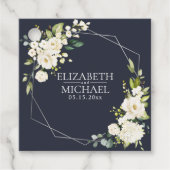 Silver Geometric Navy Blue White Floral Wedding Bedankjes Labels (Voorkant)
