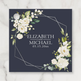 Silver Geometric Navy Blue White Floral Wedding Bedankjes Labels