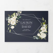 Silver Geometric Navy Blue White Floral Wedding Drieluik Uitnodiging (Cover)