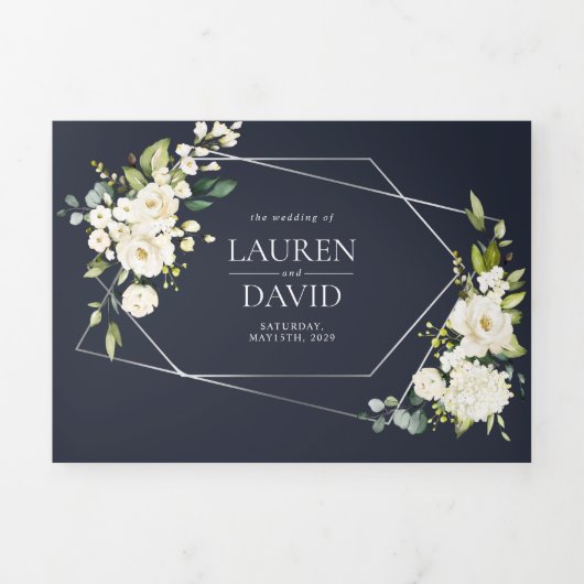 Silver Geometric Navy Blue White Floral Wedding Drieluik Uitnodiging (Cover)