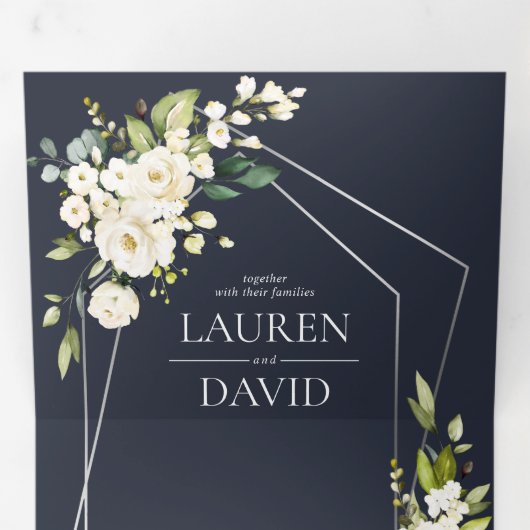 Silver Geometric Navy Blue White Floral Wedding Drieluik Uitnodiging (Binnenzijde eerst)