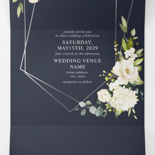 Silver Geometric Navy Blue White Floral Wedding Drieluik Uitnodiging (Binnenkant midden)