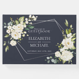 Silver Geometric Navy Blue White Floral Wedding Gastenboek