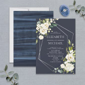 Silver Geometric Navy Blue White Floral Wedding Kaart