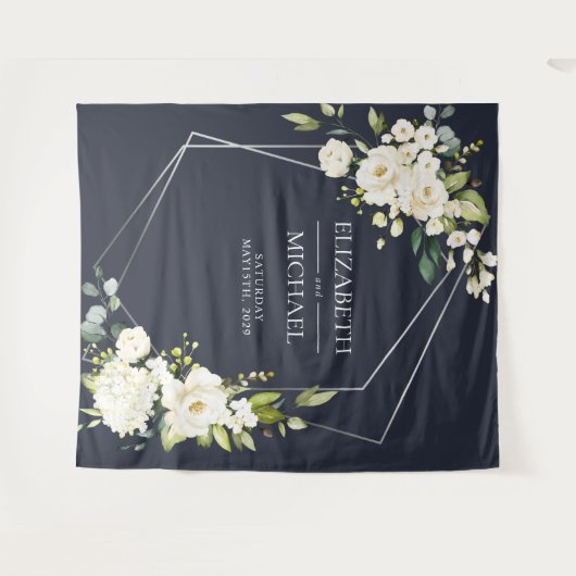Silver Geometric Navy Blue White Floral Wedding Wandkleed (Voorkant (horizontaal))