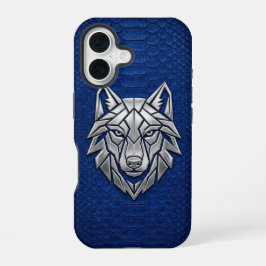 Silver Geometric Wolf Blue Snakeskin iPhone 16 Hoesje