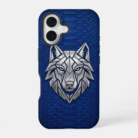 Silver Geometric Wolf Blue Snakeskin iPhone 16 Hoesje (Achterkant)