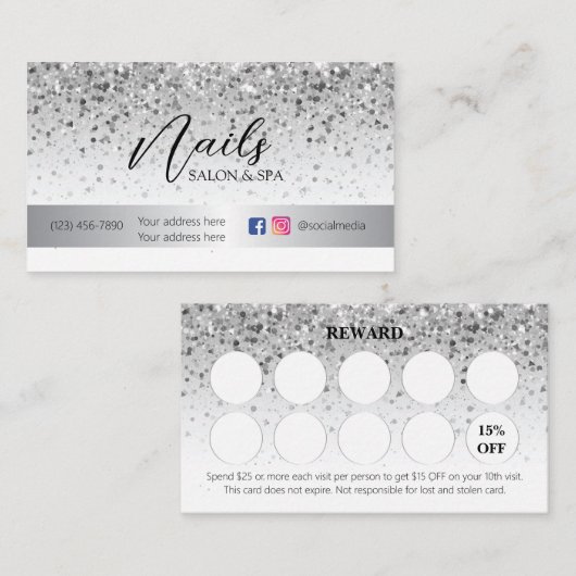 Silver Giltter Loyalty Kaart voor Nails Salon (Voorkant / Achterkant)