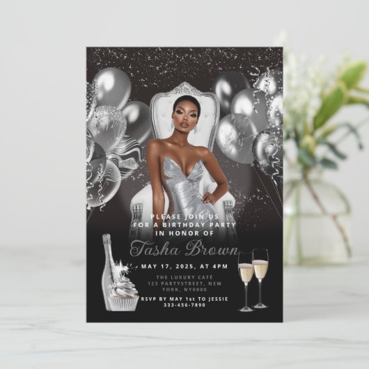 Silver Glam Balloons Royal Birthday Invitation Kaart (Staand voorkant)