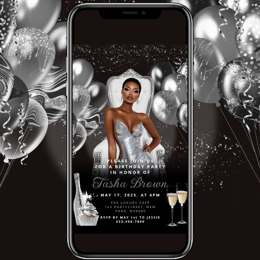 Silver Glam Balloons Royal Birthday Invitation Kaart