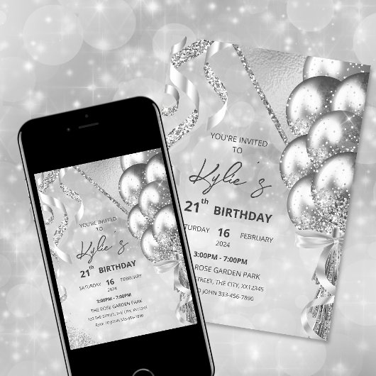 Silver Glam Birthday Party Invitation Kaart